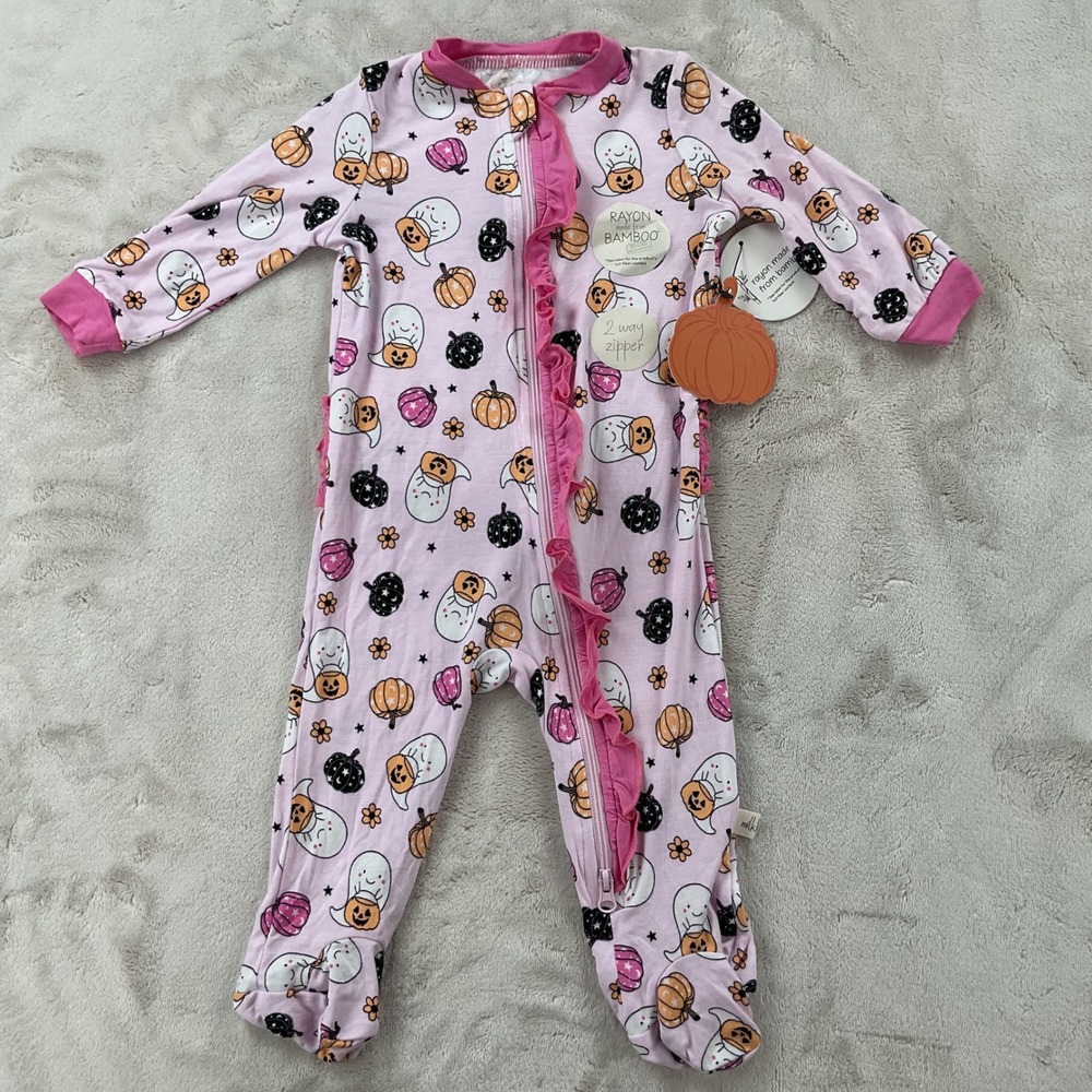 Milkberry Bamboo Pink Halloween Ghost Pumpkin Ruffle 2-Way Zip Footie 0-3M NEW